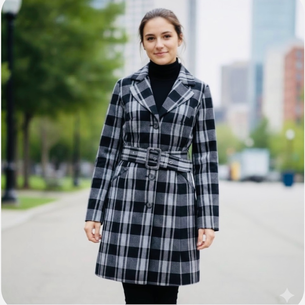 Black and White Plaid Coat with Belt